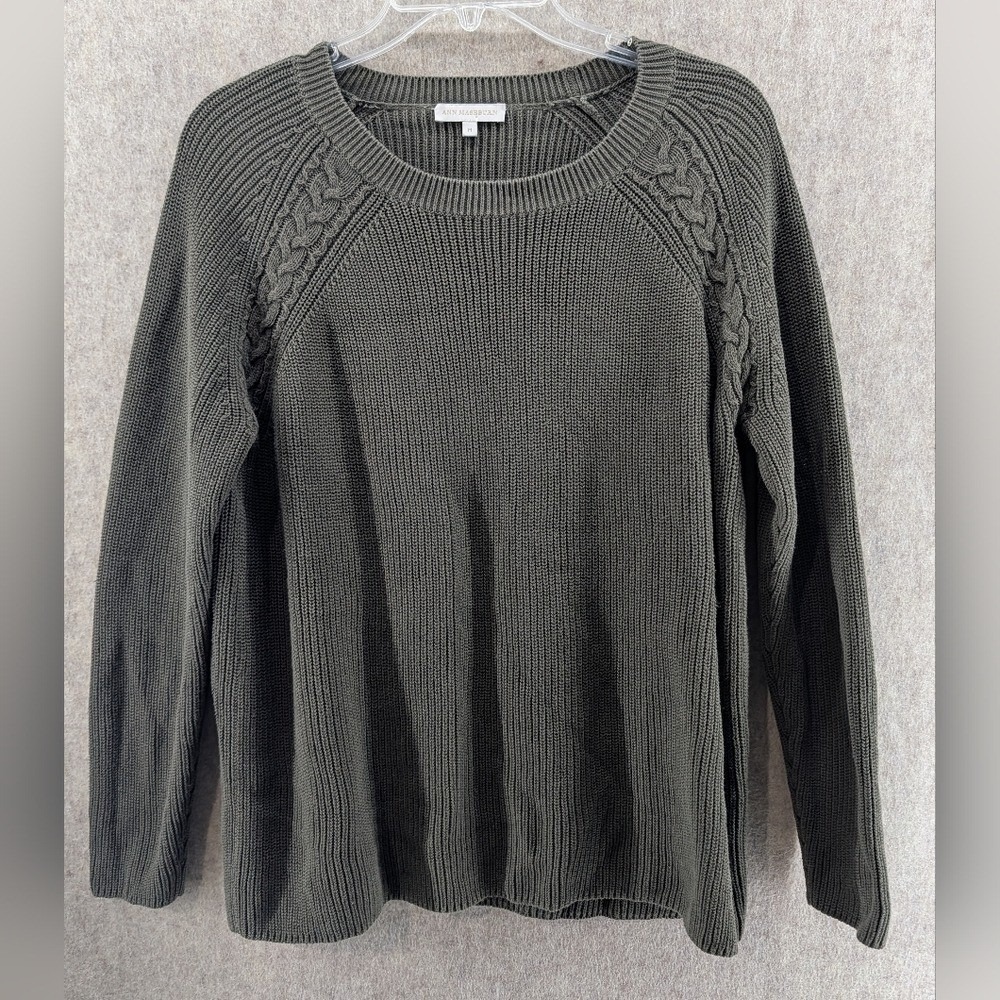 Ann Mashburn Women Olive Green Cable Knit Crew Neck Long Sleeve Sweater Size M
